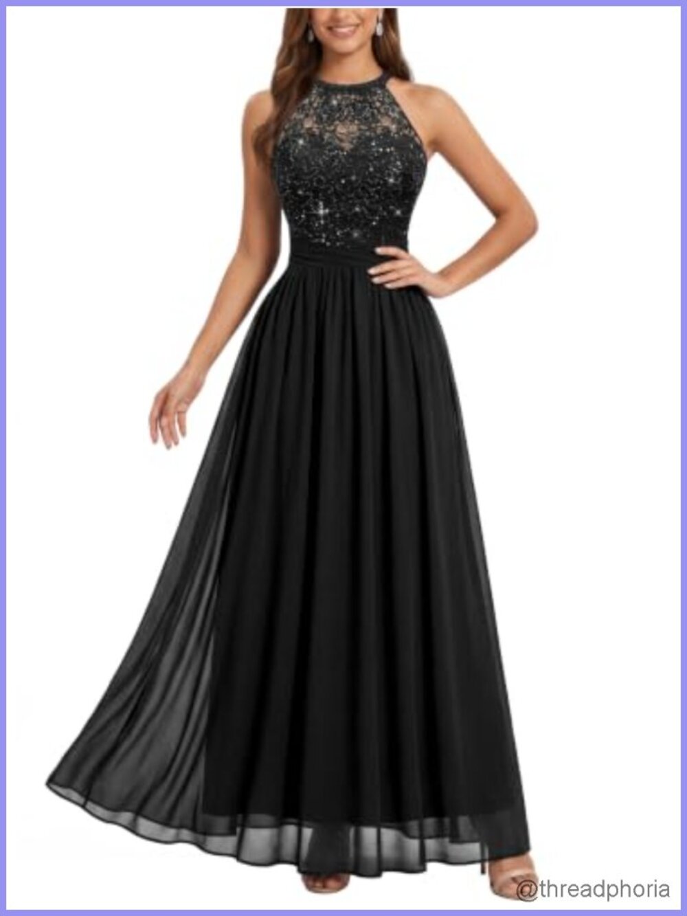 Halter Tie Back Sequin Lace Maxi Evening Dress Sleeveless Formal Gown